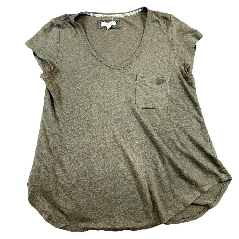 Anthropologie Pure‎ + Good  Green 100% Linen Short Sleeve Pocket XS Boho Beachy